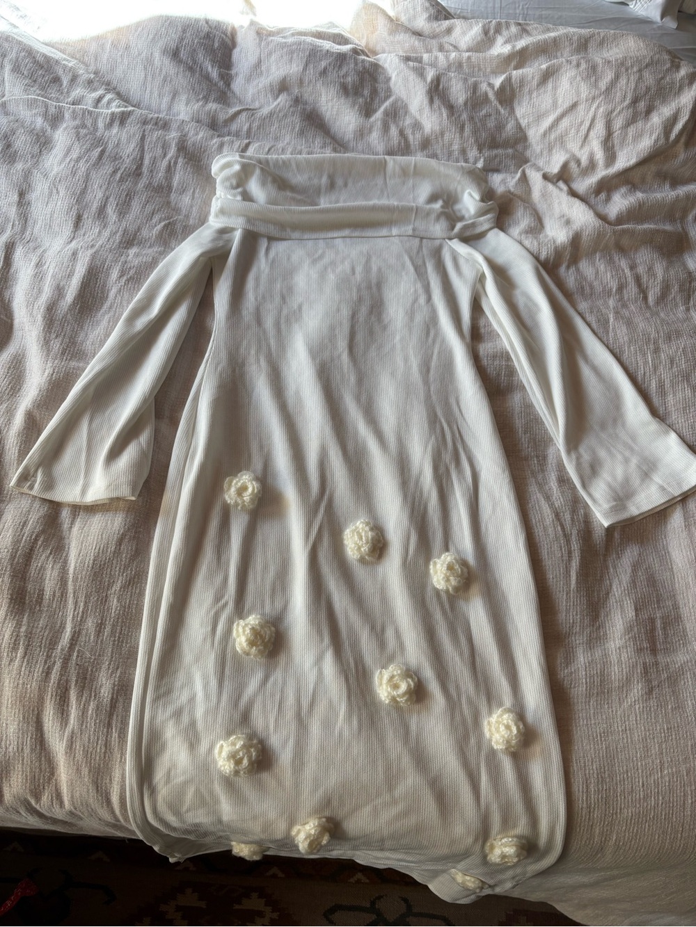 White Off-Shoulder Knit Dress with Floral Appliques